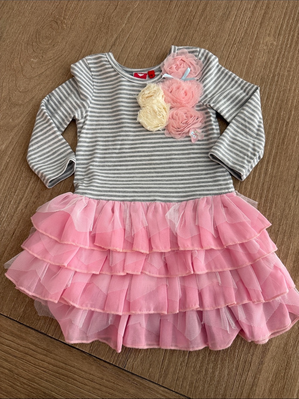 Girls Mini Mini Gray Striped Long-Sleeve Dress with Pink Ruffle Skirt